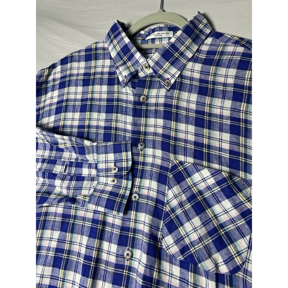 Paul Fredrick Blue Plaid Shirt Mens XL Button Down 100% Linen Non Iron